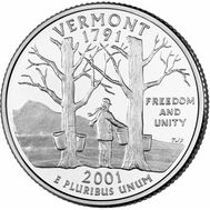  25 центов 2001 «Вермонт» (штаты США) случайный монетный двор, фото 1 