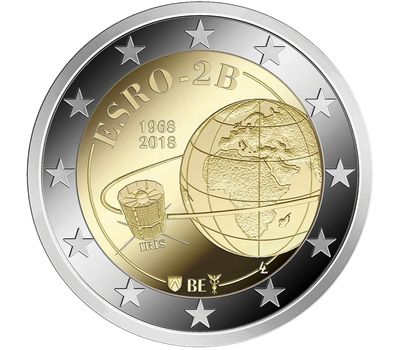 Монета 2 евро 2018 «50 лет запуска спутника ESRO-2B» в коинкарте Бельгия, фото 1 
