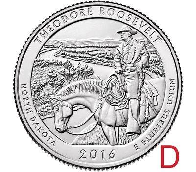  Монета 25 центов 2016 «Национальный парк Теодора Рузвельта» (34-й нац. парк США) D, фото 1 