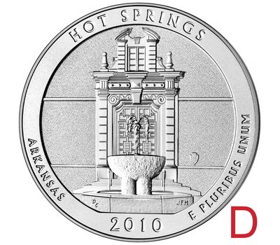  Монета 25 центов 2010 «Национальный парк Хот-Спрингс» (1-ый нац. парк США) D, фото 1 
