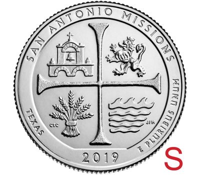  Монета 25 центов 2019 «Национальный исторический парк миссий Сан-Антонио» (49-й нац. парк США) S, фото 1 