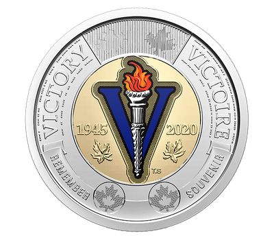  Монета 2 доллара 2020 «75 лет со дня окончания Второй Мировой войны» Канада (цветная), фото 1 