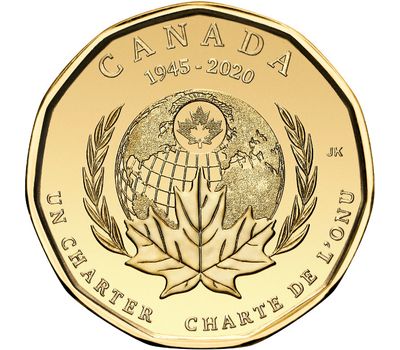 Монета 1 доллар 2020 «75 лет ООН» Канада, фото 1 