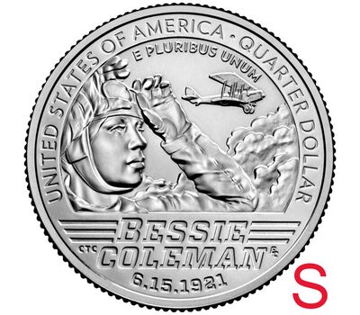  Монета 25 центов 2023 «Бесси Коулман» (Выдающиеся женщины США) S, фото 1 